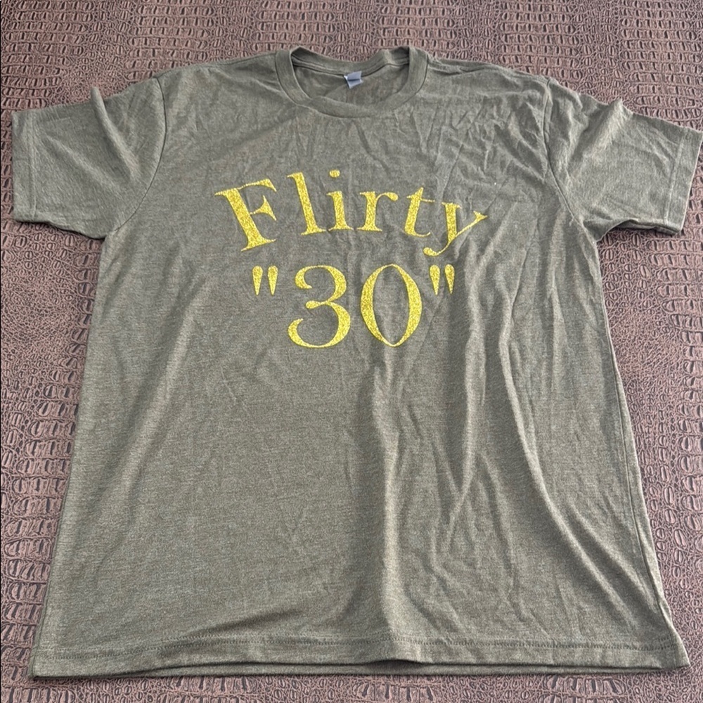 Flirty 30 Olive Green Graphic T-Shirt Gold Glitter Birthday Tee Size L
